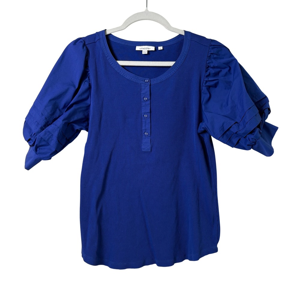 Chicos Ribbed Henley Top Womens 1 US M Royal Blue Puff Sleeve Ruffle Mixed Media